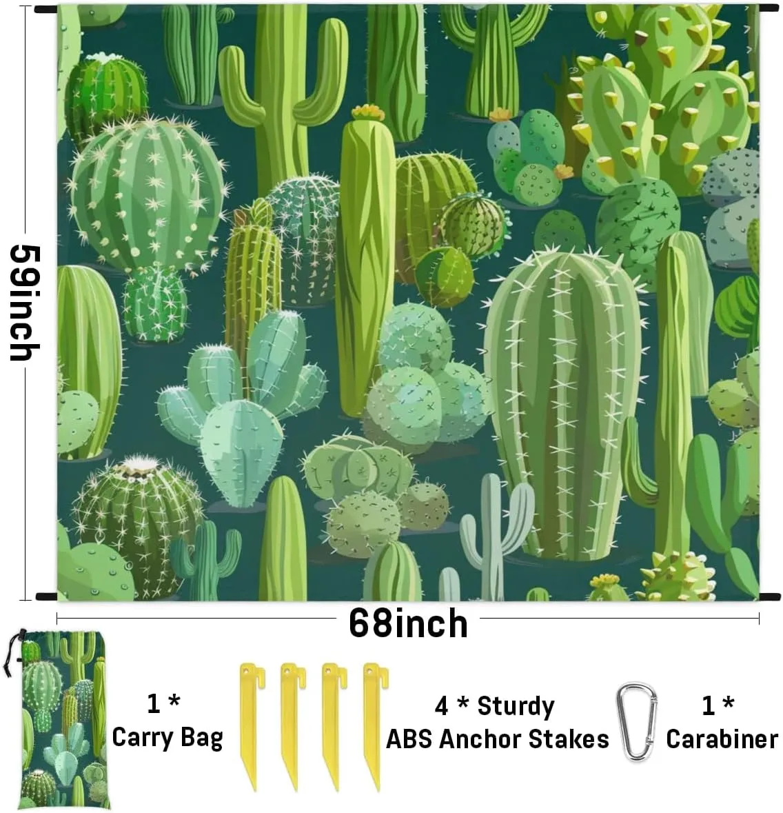 Cute Cactus Beach Blanket, Sandproof Beach Mat, Adults Waterproof Quick Drying Sand Free Mat with 4 x Ground Spikes for Outdoor Travel Camping Hiking, Cactus