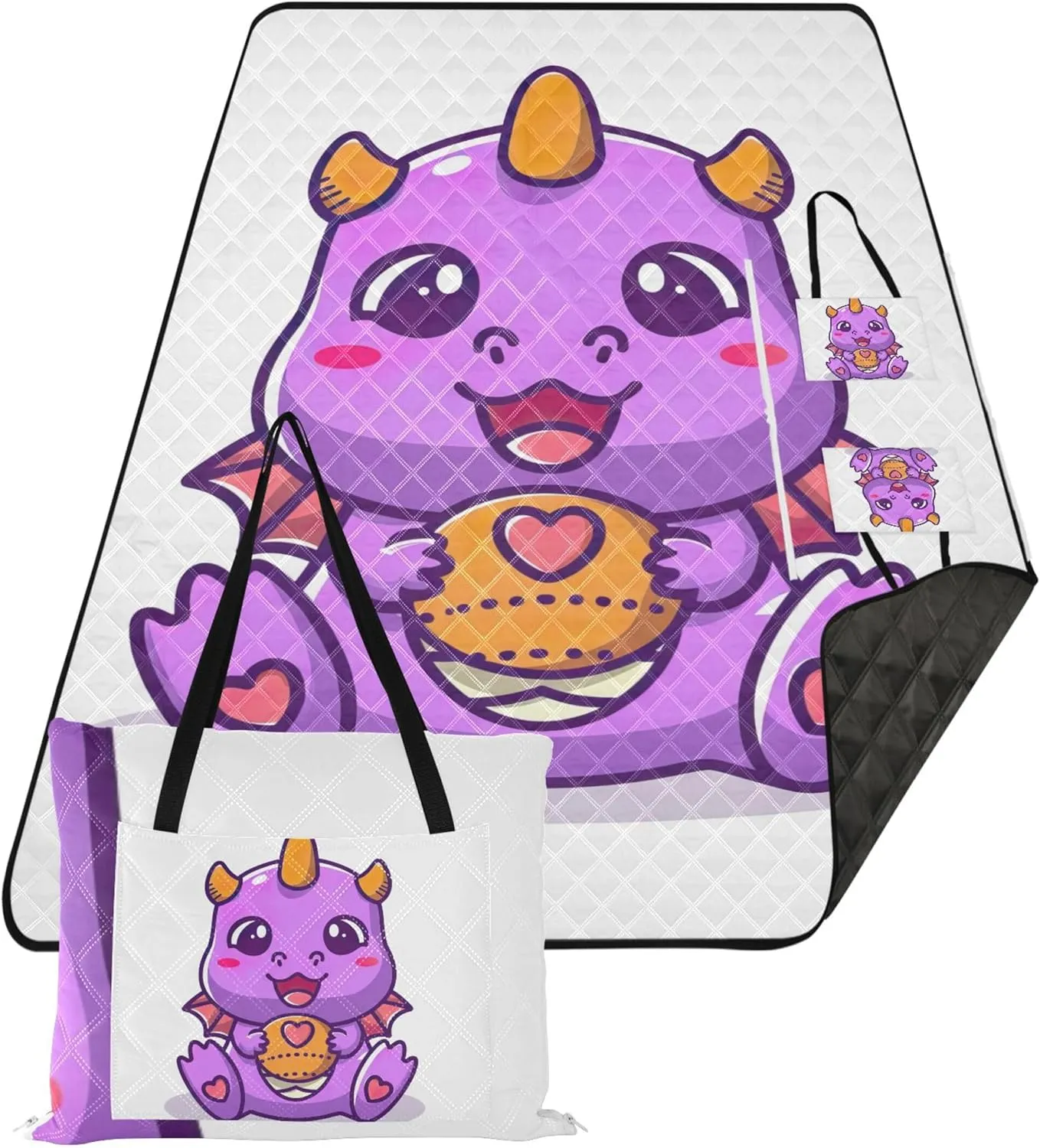 Cute Purple Dragon Character Waterproof Beach Blanket Oversized Cute Picnic Blankets Foldable Outdoor Blankets for Grass 80" x 60"