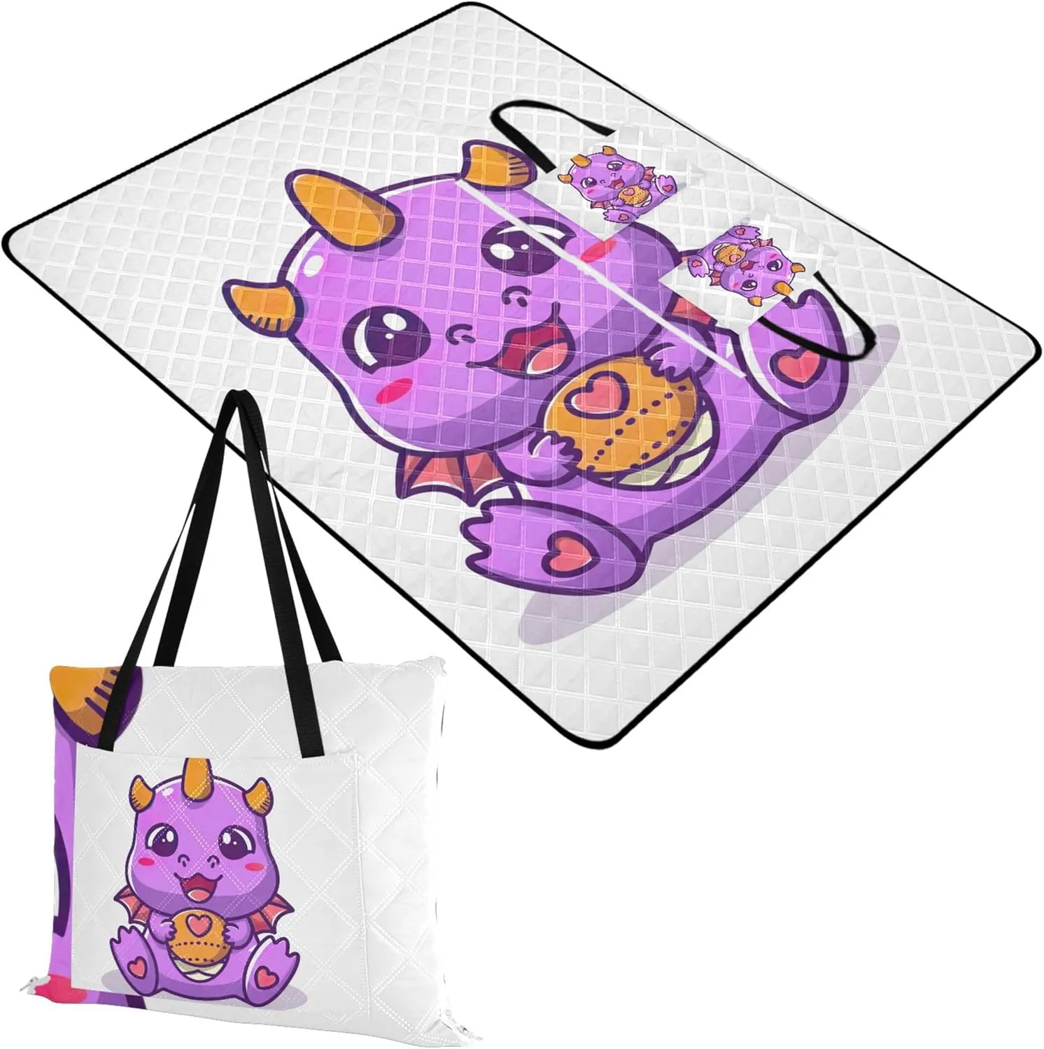 Cute Purple Dragon Character Waterproof Beach Blanket Oversized Cute Picnic Blankets Foldable Outdoor Blankets for Grass 80" x 60"