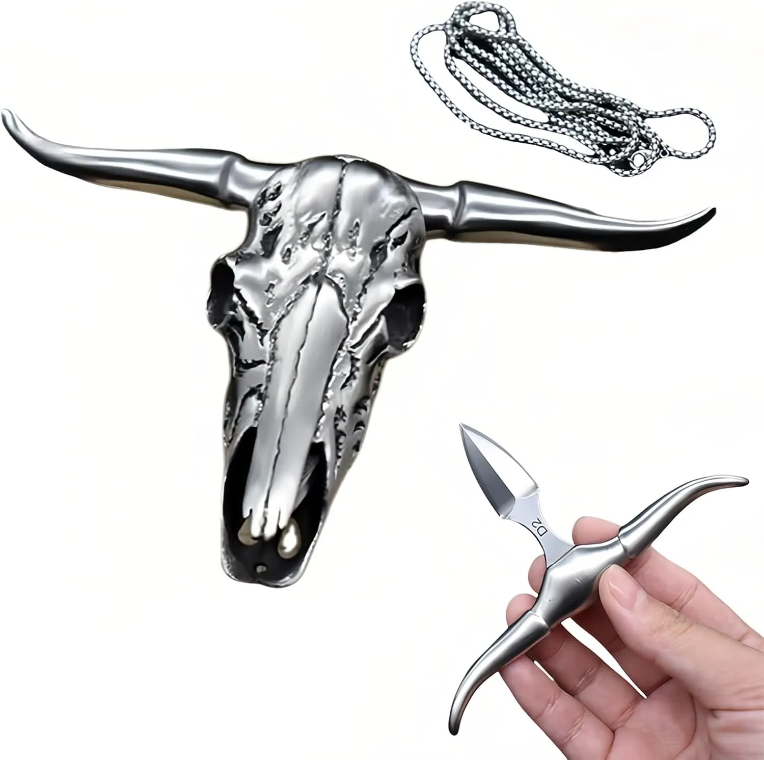 Damascus Fixed Blade Neck Knife - Bull Head EDC Knife with Sheath for Fishing, Hunting, and Outdoor Camping