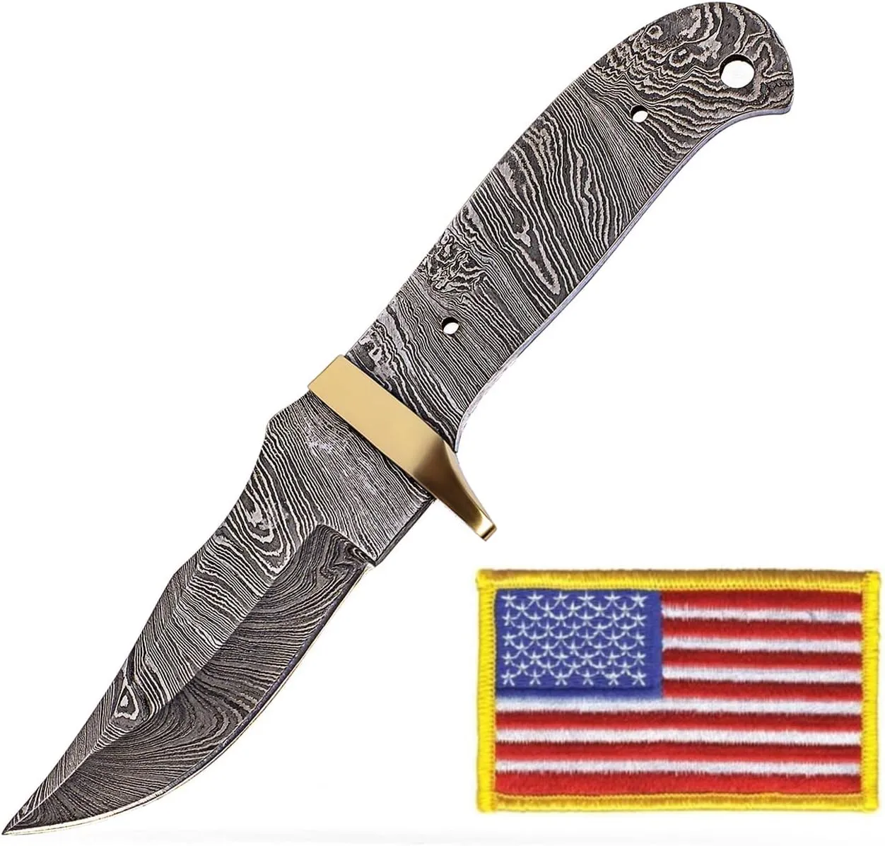 Damascus Hunting Knife Blank With USA Embroidered Flag Patch | Hand Forged Steel Blank Blade | 7 Inches Handmade Camping Knife Making Supplies | HUNT 02