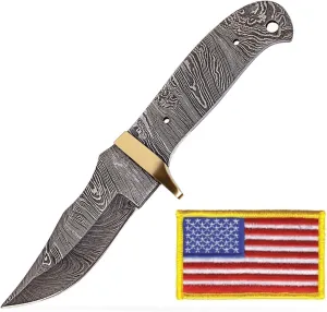 Damascus Hunting Knife Blank With USA Embroidered Flag Patch | Hand Forged Steel Blank Blade | 7 Inches Handmade Camping Knife Making Supplies | HUNT 02