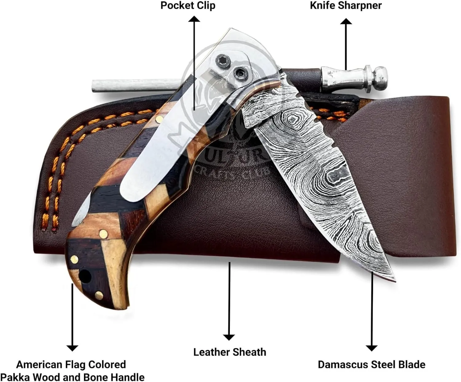 Damascus Pocket Knife for Men Handmade - 6.5 Inches Damascus Folding Knife with Sheath -Ideal for Him as an Anniversary Present - Best for EDC - Camping and Hiking - Pocket Knives with Back Lock