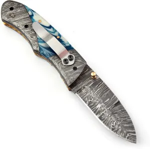 Damascus Steel EDC Folding Pocket KnifeWith Removable Clip, 8 inch, Drop Point Blade, Blue and White Resin Handle