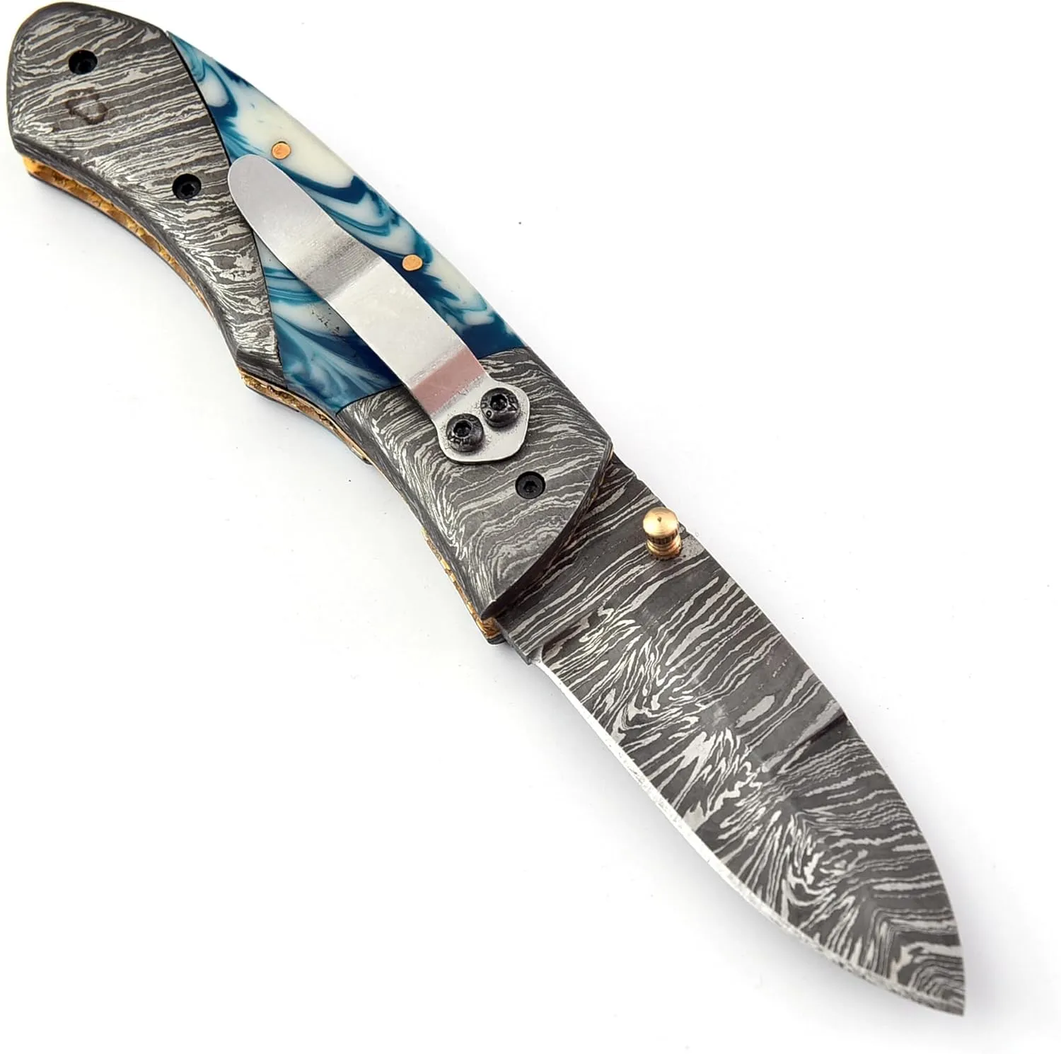 Damascus Steel EDC Folding Pocket KnifeWith Removable Clip, 8 inch, Drop Point Blade, Blue and White Resin Handle