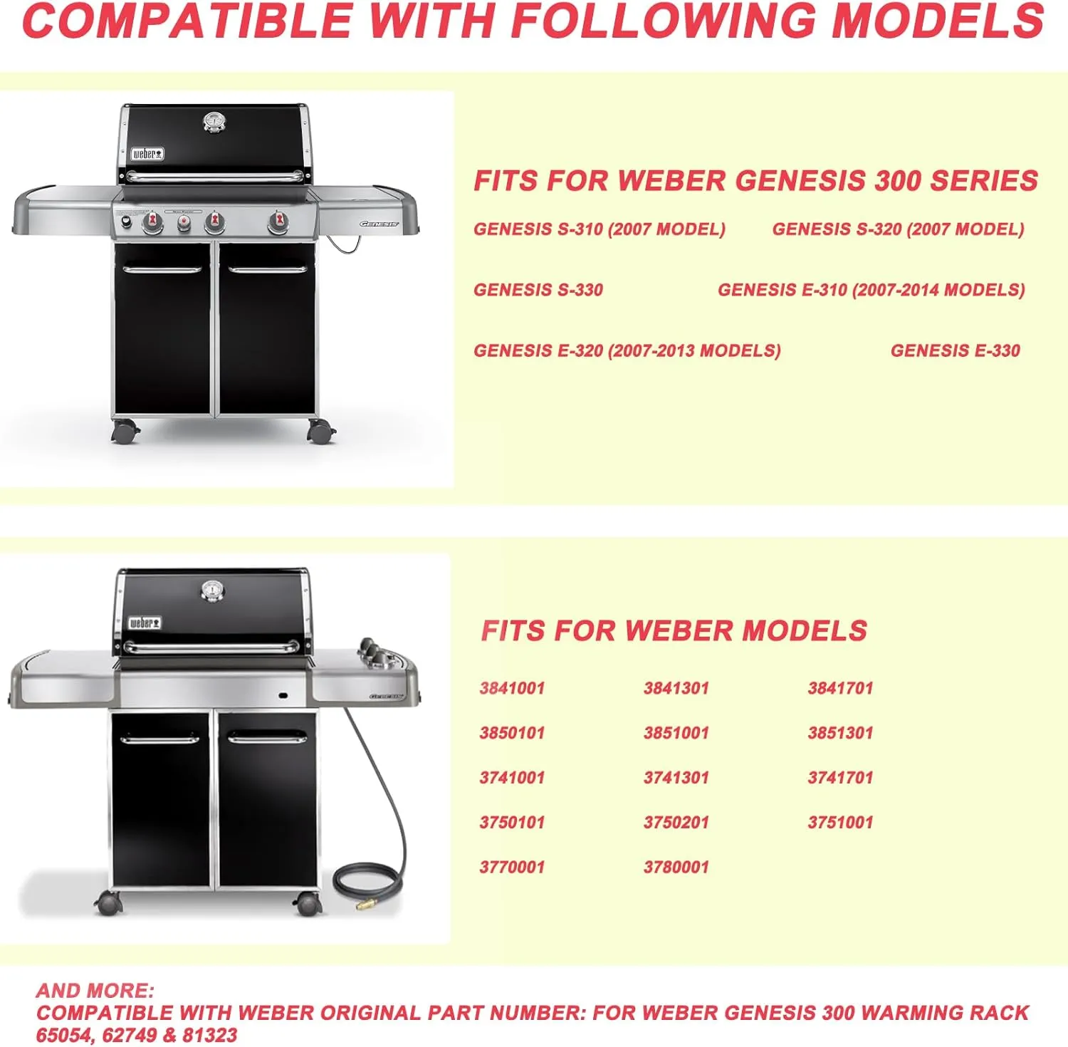DcYourHome 65054 Warming Rack for Weber Genesis 300 Series (2007-2016), for Weber Genesis E310 E330 E320 S310 S330 S320 EP-330 EP-320 Grill Parts, Stainless Steel Warming Rack for Weber 81323 62749
