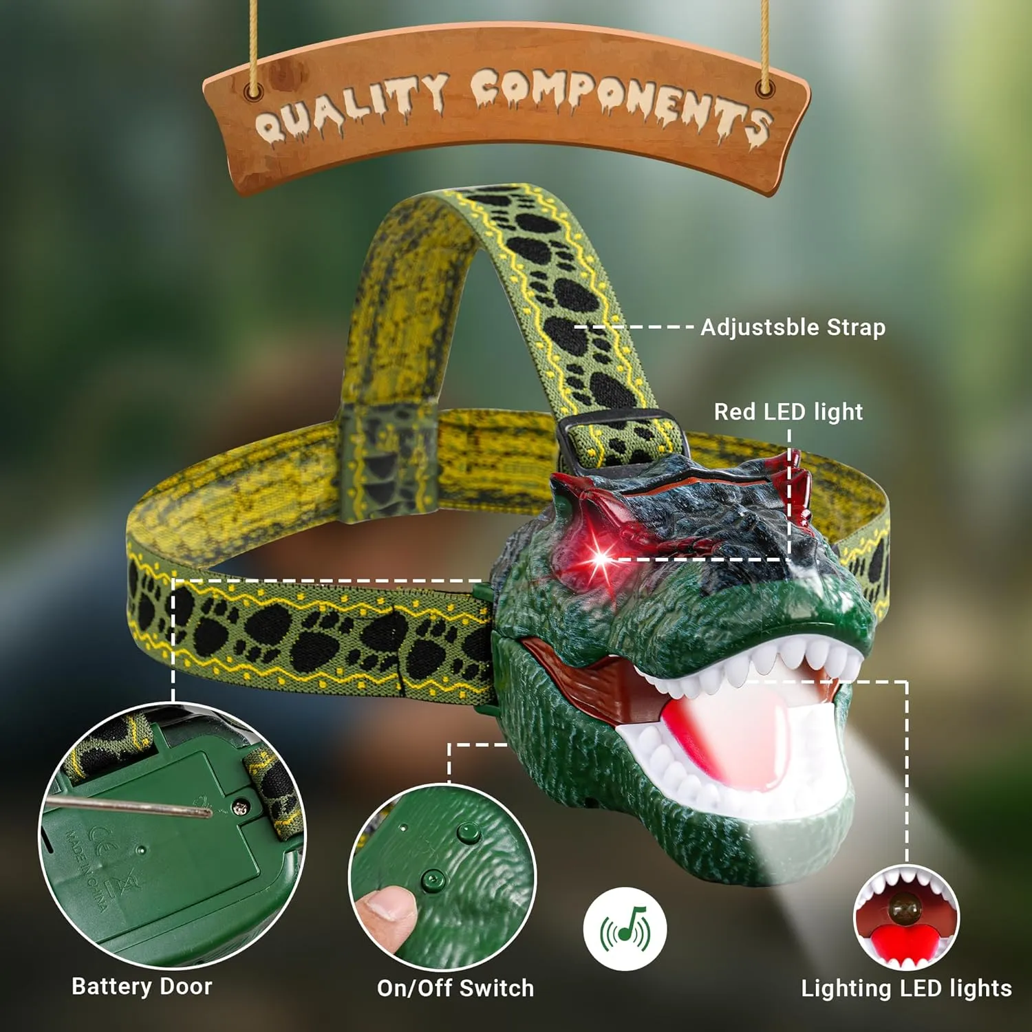 Dinosaur Headlamp for Kids T-Rex LED Flashlight with Roar Sound and Adjustable Headband Fun Kid Camping Gear Outdoor Headlamp Adventure Toy for Boys and Girls Ages 3-8 Gift