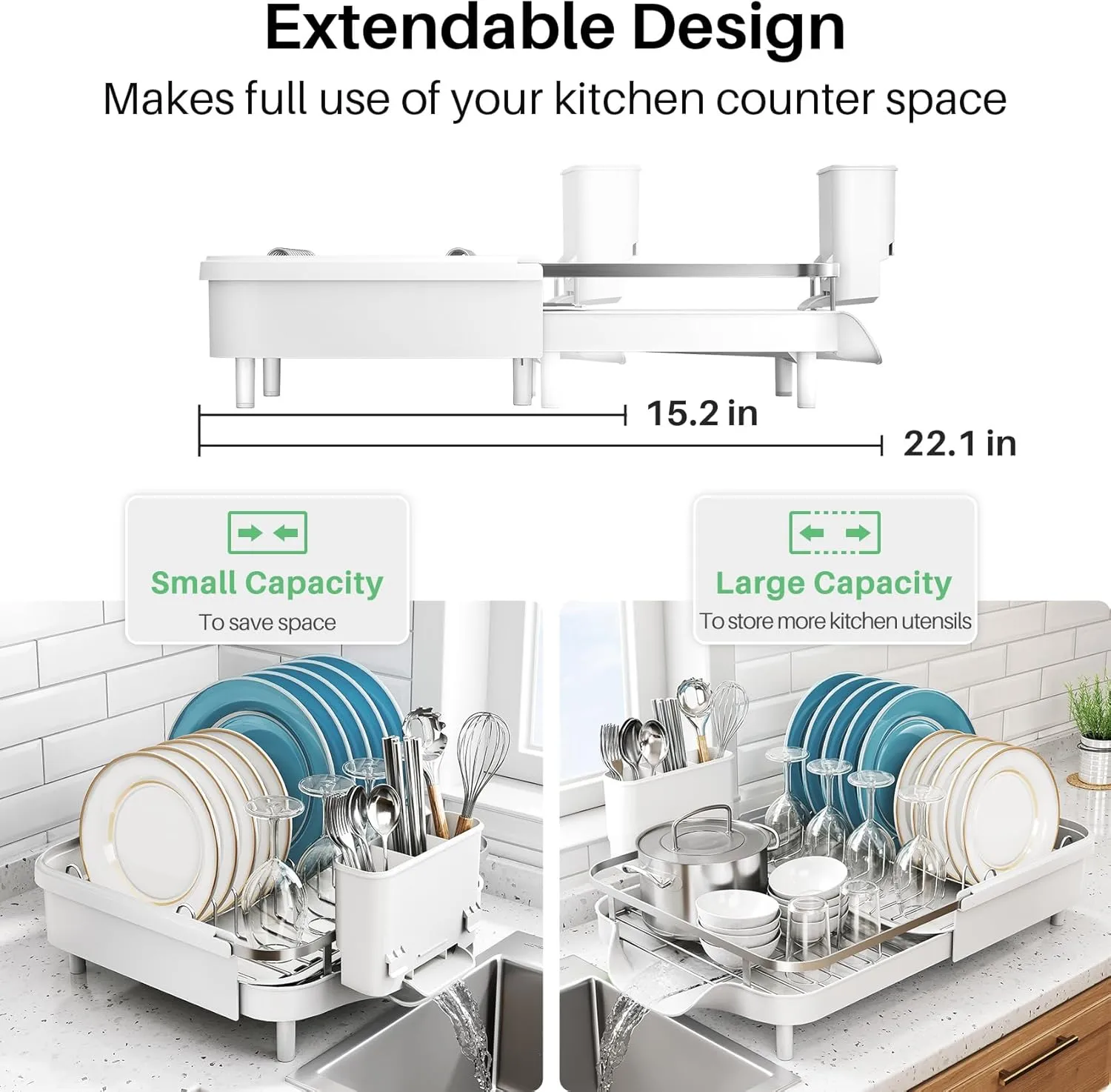 Dish Drying Rack, Expandable Dish Rack for Kitchen Counter, Stainless Steel Dish Drainer with Drainboard Set and Utensil Holder (White)