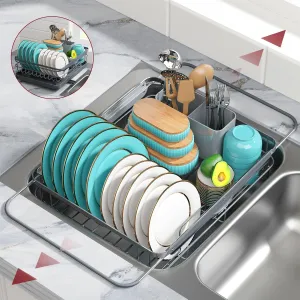 Dish Drying Rack - Stainless Steel Dish Rack with Drainboard for Kitchen Counter and Sink, 15.8" D x 12" W x 5" H, Grey
