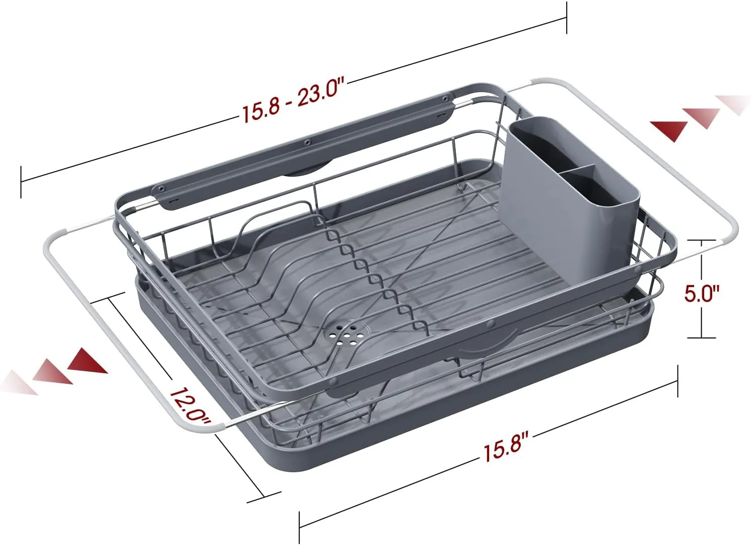 Dish Drying Rack - Stainless Steel Dish Rack with Drainboard for Kitchen Counter and Sink, 15.8" D x 12" W x 5" H, Grey