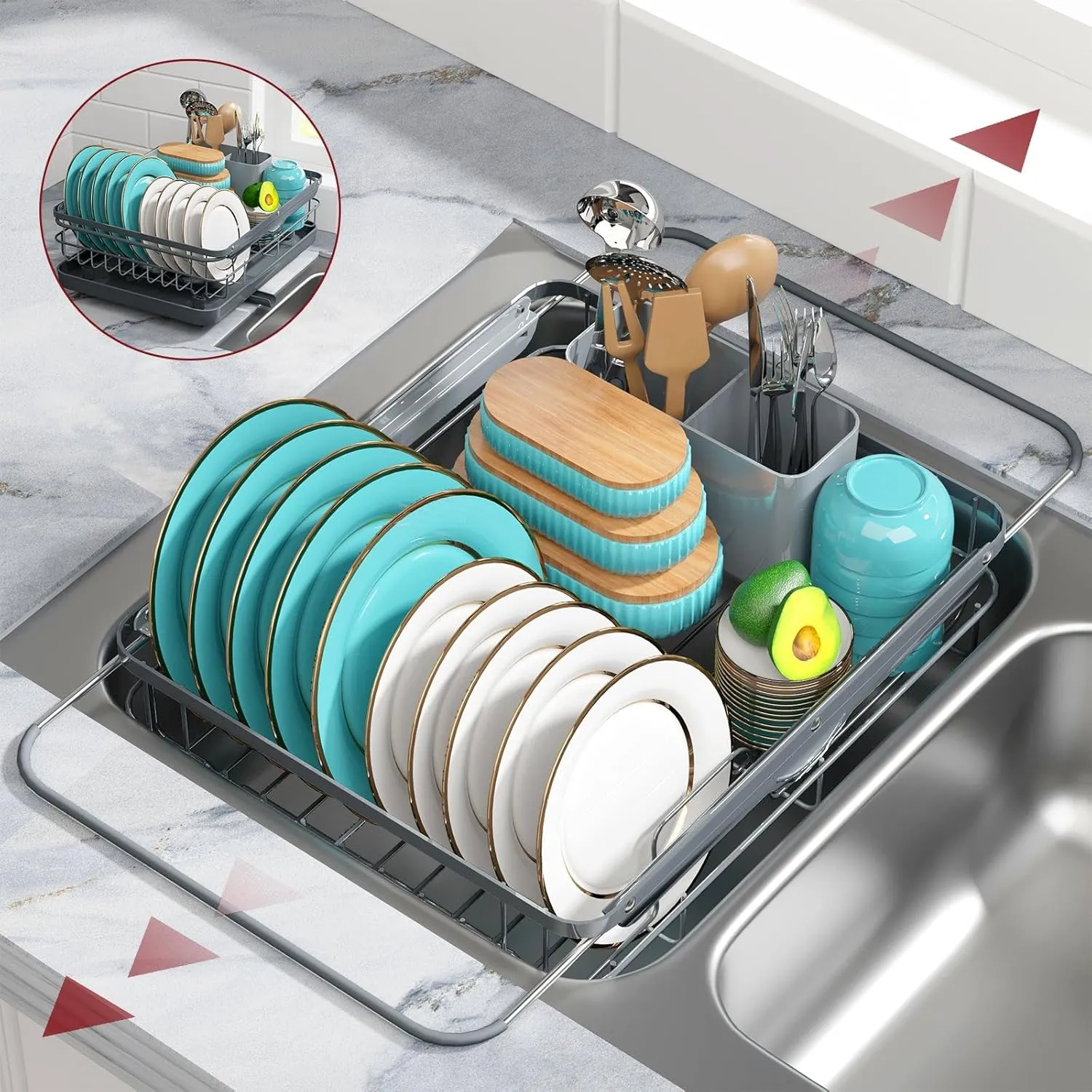 Dish Drying Rack - Stainless Steel Dish Rack with Drainboard for Kitchen Counter and Sink, 15.8" D x 12" W x 5" H, Grey