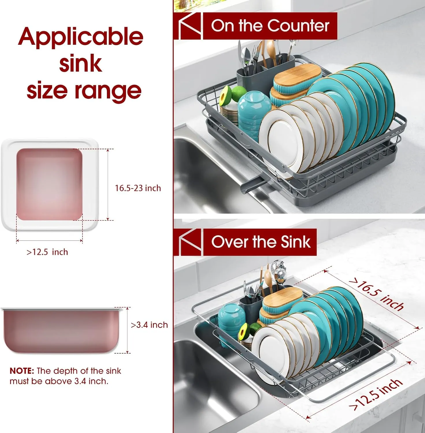 Dish Drying Rack - Stainless Steel Dish Rack with Drainboard for Kitchen Counter and Sink, 15.8" D x 12" W x 5" H, Grey