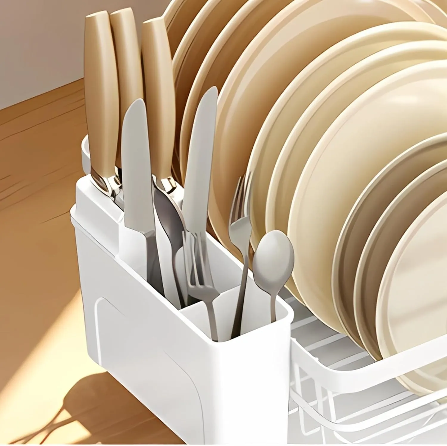 Dish Drying Rack with Drainboard for Kitchen Counter, Large Capacity Durable Rustproof Stainless Steel Dish Drainer Rack with Removable Flatware Caddy -White