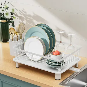 Dish Drying Rack with Drainboard for Kitchen Counter, Large Capacity Durable Rustproof Stainless Steel Dish Drainer Rack with Removable Flatware Caddy -White