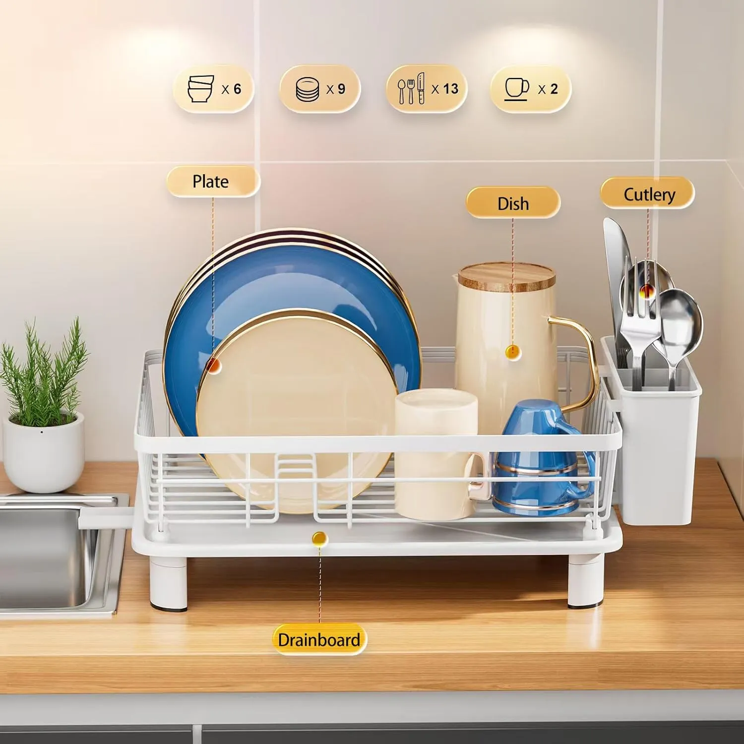 Dish Drying Rack with Drainboard for Kitchen Counter, Large Capacity Durable Rustproof Stainless Steel Dish Drainer Rack with Removable Flatware Caddy -White