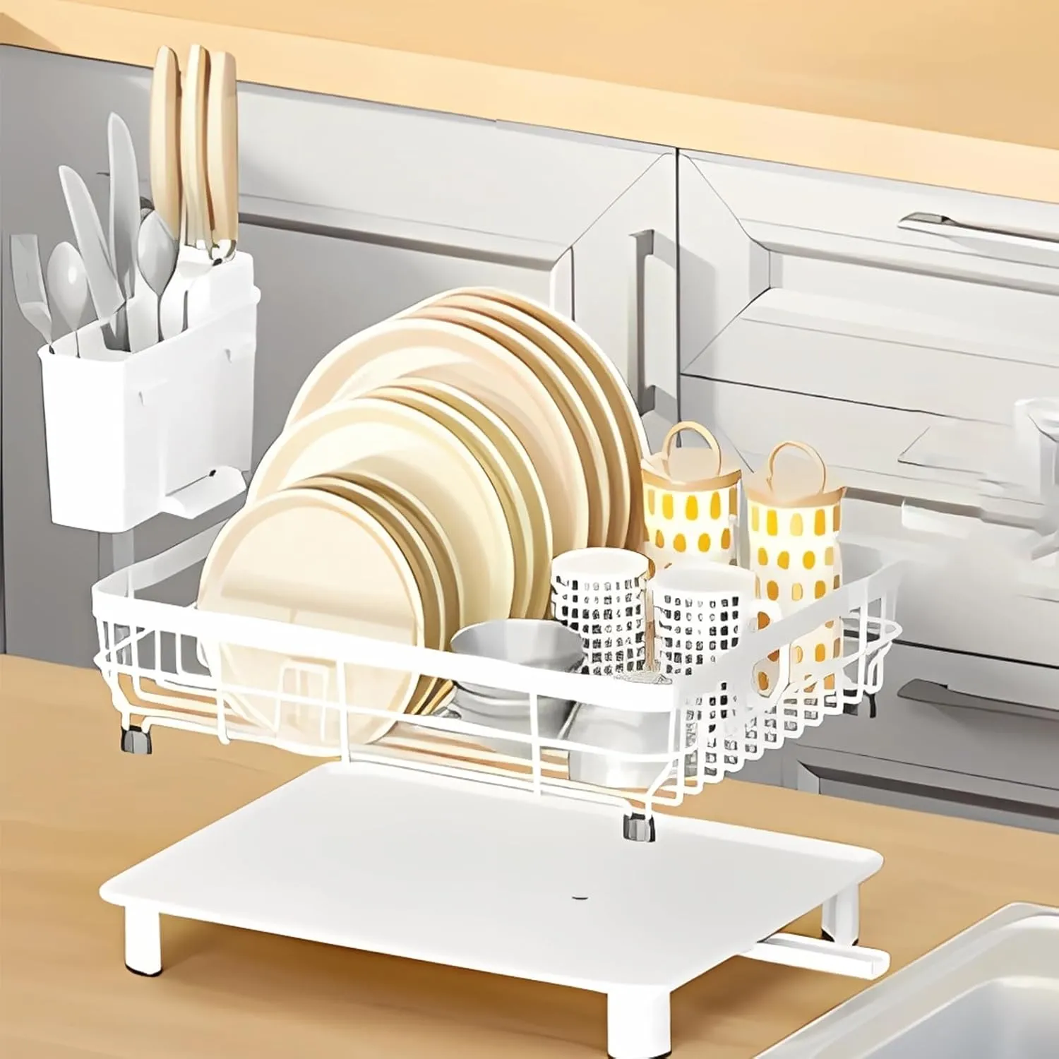 Dish Drying Rack with Drainboard for Kitchen Counter, Large Capacity Durable Rustproof Stainless Steel Dish Drainer Rack with Removable Flatware Caddy -White