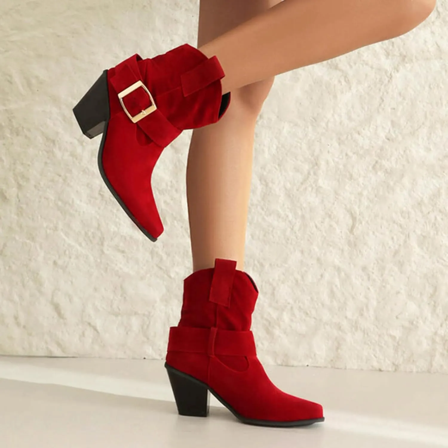 DIYCAM Women's Faux Suede Slouch Chunky Low Heel Boots Buckle Strap Faux Suede Mid Calf Boots Classic Stacked Heel Adjustable Ankle Straps with Buckle