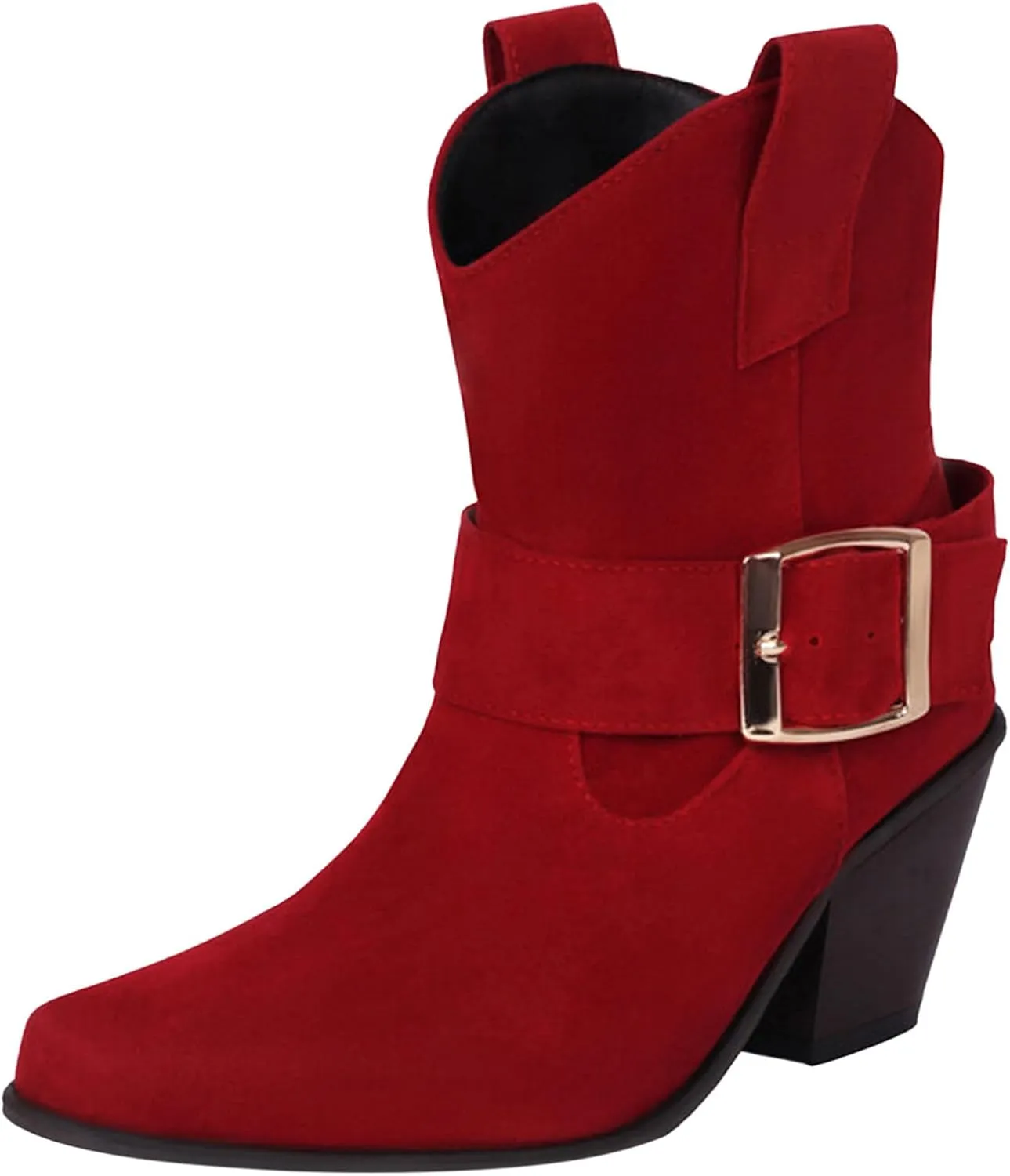 DIYCAM Women's Faux Suede Slouch Chunky Low Heel Boots Buckle Strap Faux Suede Mid Calf Boots Classic Stacked Heel Adjustable Ankle Straps with Buckle