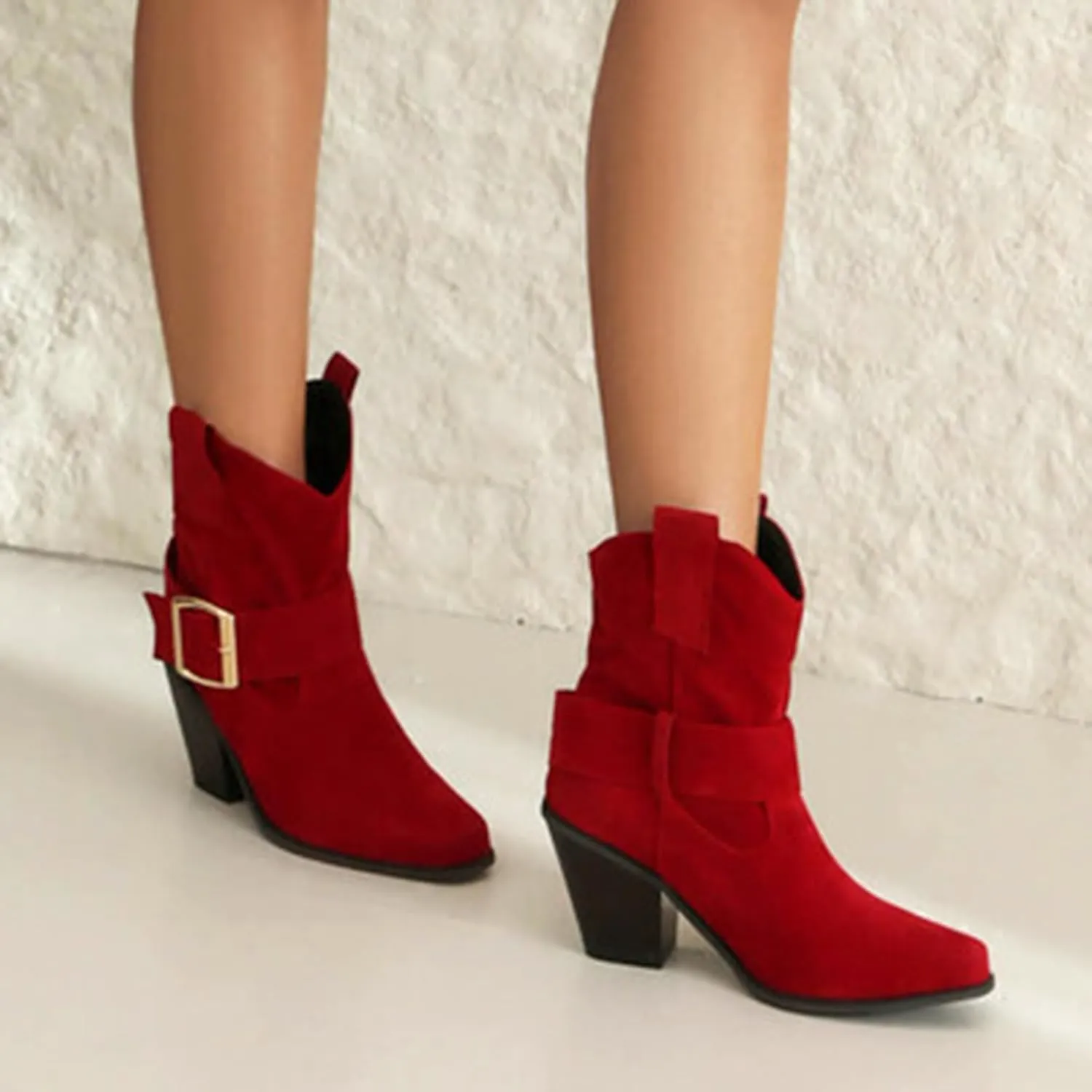 DIYCAM Women's Faux Suede Slouch Chunky Low Heel Boots Buckle Strap Faux Suede Mid Calf Boots Classic Stacked Heel Adjustable Ankle Straps with Buckle