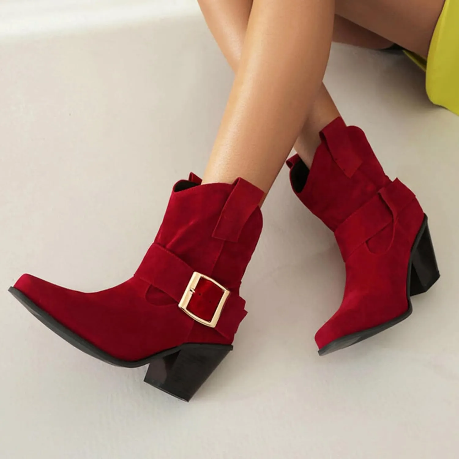 DIYCAM Women's Faux Suede Slouch Chunky Low Heel Boots Buckle Strap Faux Suede Mid Calf Boots Classic Stacked Heel Adjustable Ankle Straps with Buckle