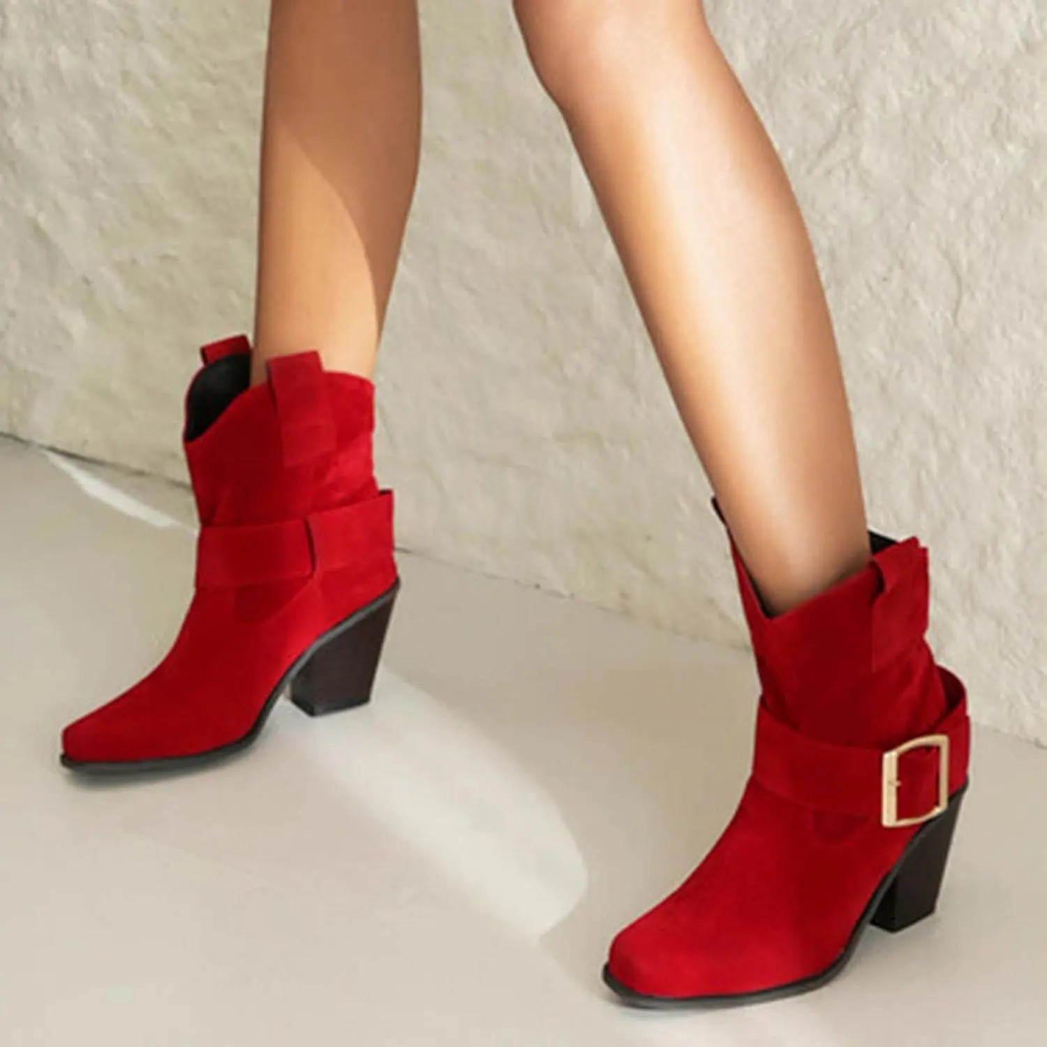 DIYCAM Women's Faux Suede Slouch Chunky Low Heel Boots Buckle Strap Faux Suede Mid Calf Boots Classic Stacked Heel Adjustable Ankle Straps with Buckle