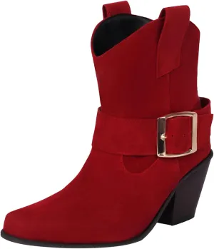 DIYCAM Women's Faux Suede Slouch Chunky Low Heel Boots Buckle Strap Faux Suede Mid Calf Boots Classic Stacked Heel Adjustable Ankle Straps with Buckle