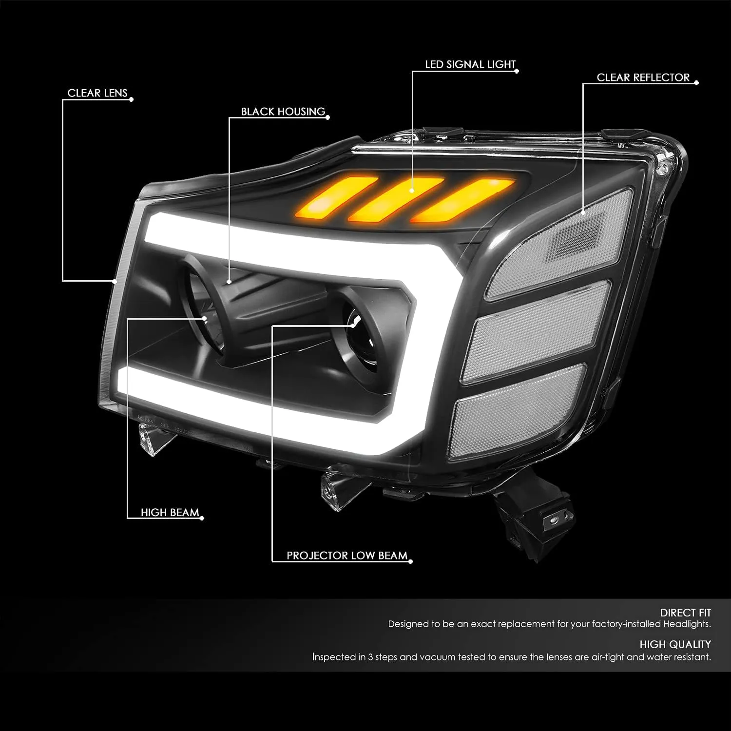 DNA MOTORING HL-HPL-NARN04-BK-CL1 Clear Lens Reflector Headlights Compatible with 04-15 Nissan Titan 05-07 Armada 3D LED Running Light Bar Amber Turn Signal