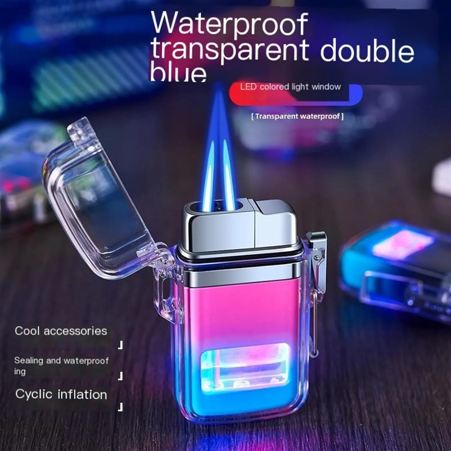 Double-Ended Direct-Flush lighters, Waterproof Transparent Box lighters, Windproof Butane Gas lighters, Visible Gas Window Gas lighters, Outdoor Indoor refillable Butane lighters (Color : D)
