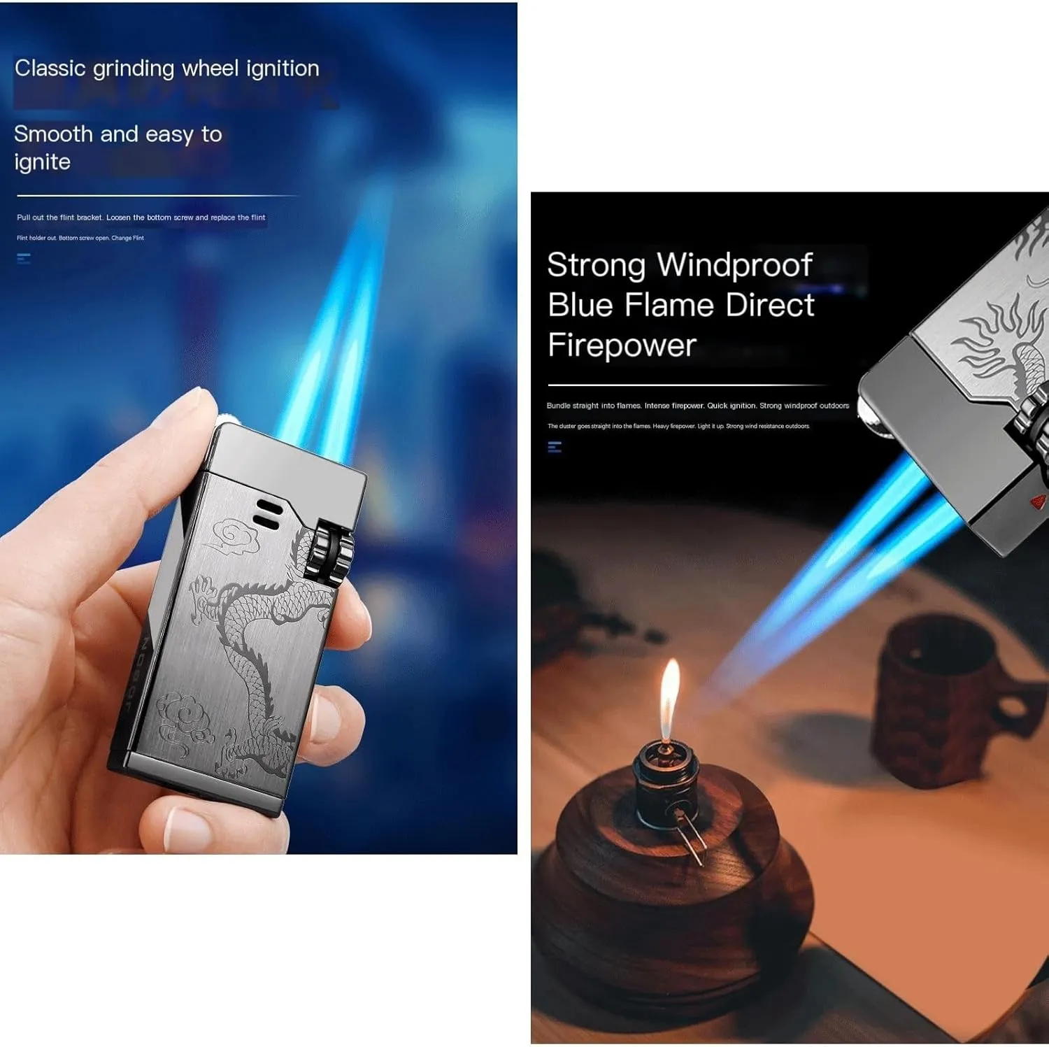 Double Jet Flame Lighter Torch lighters Windproof Butane Refillable Gas Lighters Dragon Pattern Lighter with Visible Window/Flint ，with a Gift Box (Color : Gold)