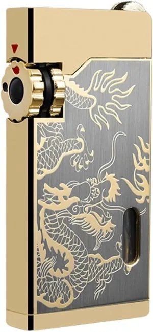 Double Jet Flame Lighter Torch lighters Windproof Butane Refillable Gas Lighters Dragon Pattern Lighter with Visible Window/Flint ，with a Gift Box (Color : Gold)