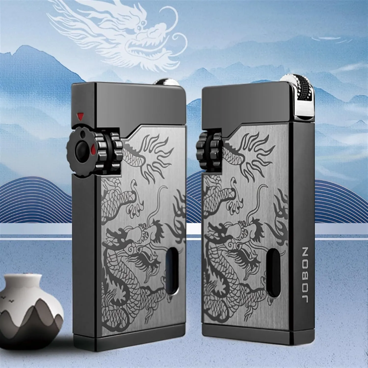 Double Jet Flame Lighter Torch lighters Windproof Butane Refillable Gas Lighters Dragon Pattern Lighter with Visible Window/Flint ，with a Gift Box (Color : Gold)