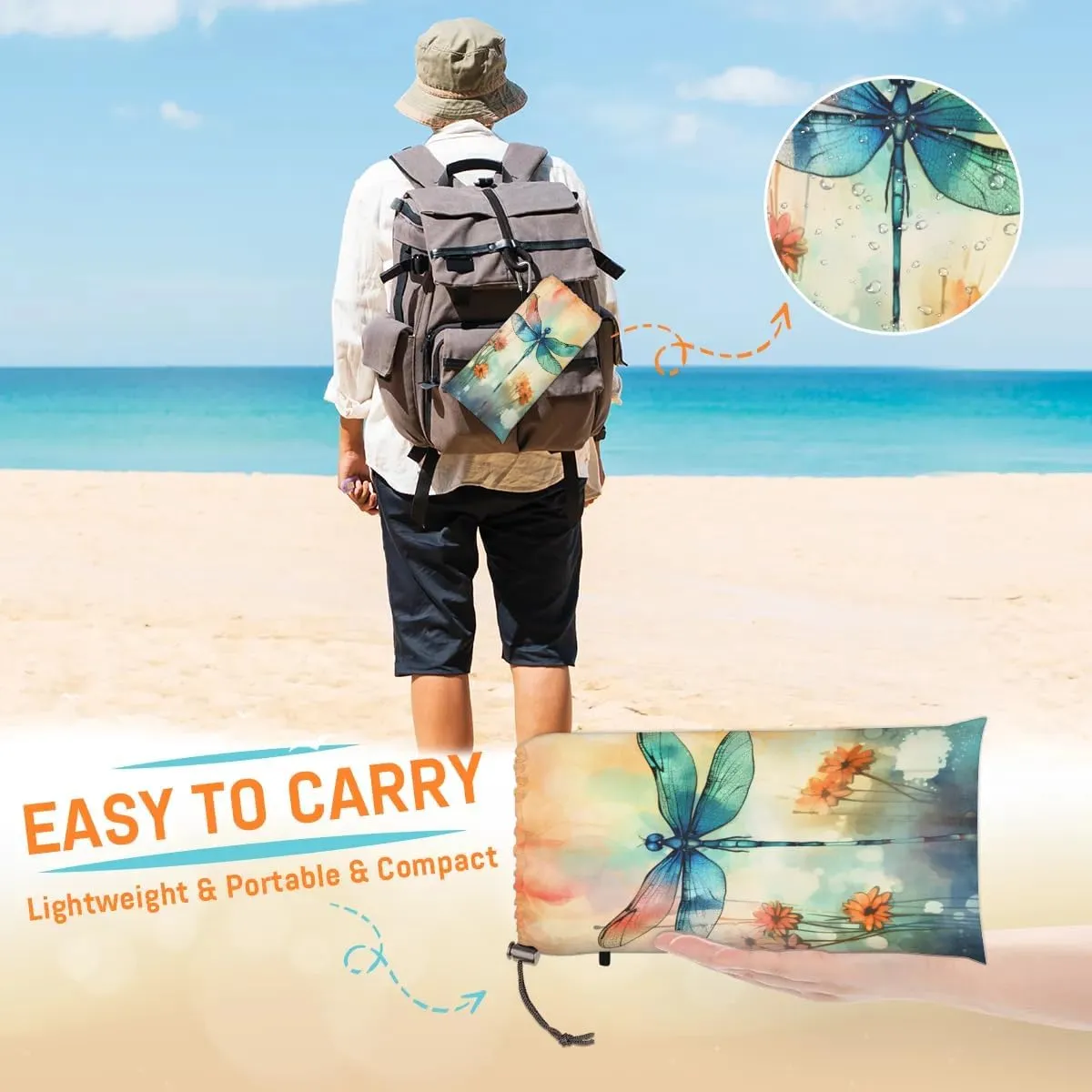 Dragonfly Beach Blanket, Sandproof Beach Mat, 68 x 59 Waterproof Quick Drying Sand Free Mat with 4 x Ground Spikes for Outdoor Travel Camping Hiking, Spring Dragonfly