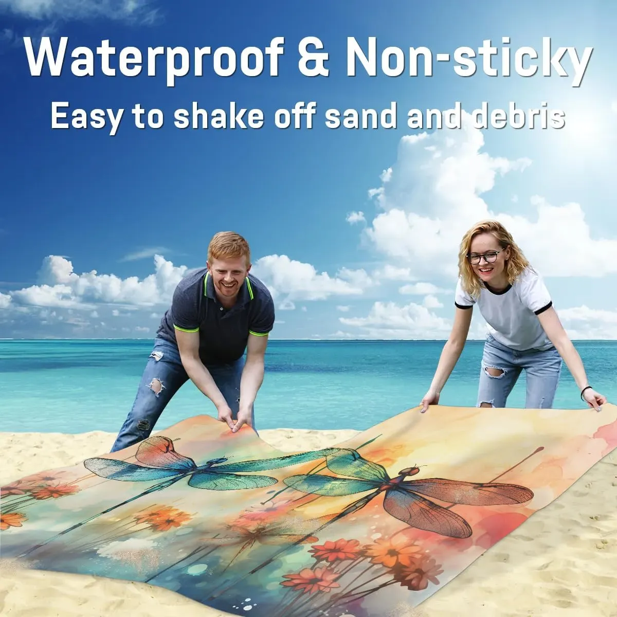 Dragonfly Beach Blanket, Sandproof Beach Mat, 68 x 59 Waterproof Quick Drying Sand Free Mat with 4 x Ground Spikes for Outdoor Travel Camping Hiking, Spring Dragonfly