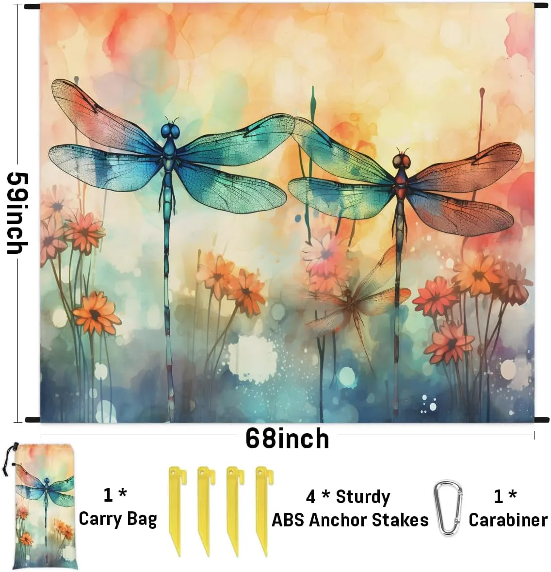 Dragonfly Beach Blanket, Sandproof Beach Mat, 68 x 59 Waterproof Quick Drying Sand Free Mat with 4 x Ground Spikes for Outdoor Travel Camping Hiking, Spring Dragonfly