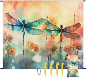 Dragonfly Beach Blanket, Sandproof Beach Mat, 68 x 59 Waterproof Quick Drying Sand Free Mat with 4 x Ground Spikes for Outdoor Travel Camping Hiking, Spring Dragonfly