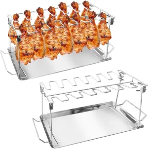 Drumstick Holder-2 Sets Chicken Leg Rack for Grill with Drip Tray, 14 Slots Durable Stainless Steel Drumstick Rack, Drumstick Holder Roaster Stand for Smoker Grill, Oven, BBQ Accessories