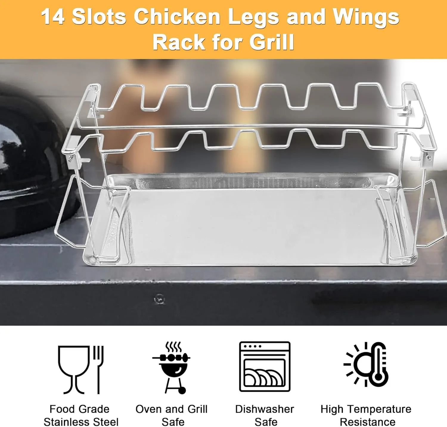 Drumstick Holder-2 Sets Chicken Leg Rack for Grill with Drip Tray, 14 Slots Durable Stainless Steel Drumstick Rack, Drumstick Holder Roaster Stand for Smoker Grill, Oven, BBQ Accessories