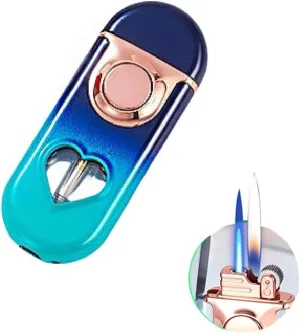 Dual Flame Butane Lighter, Windproof Switchable Jet Flame Refillable Butane Gas with Fuel Window for Outdoor Candles(Blue)