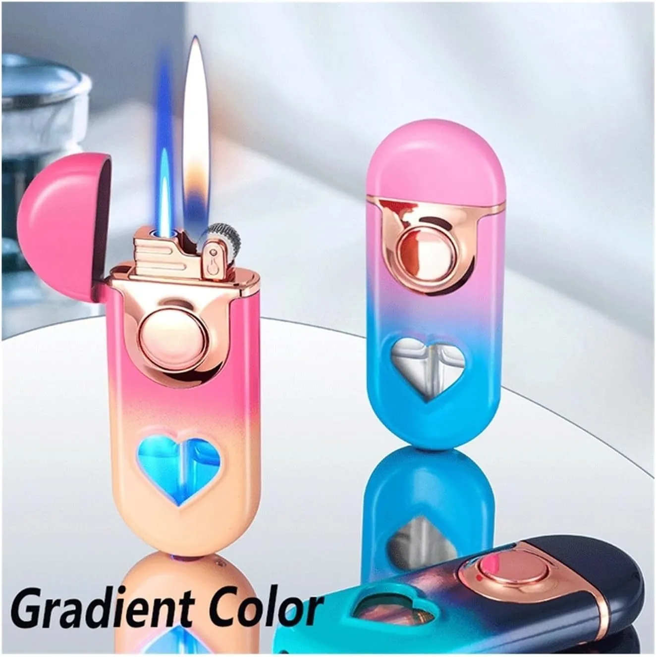 Dual Flame Butane Lighter, Windproof Switchable Jet Flame Refillable Butane Gas with Fuel Window for Outdoor Candles(Blue)