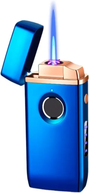Dual Fuel Lighter with Biometric Fingerprint Ignition, Windproof Direct Fire Lighters with Transparent Window, Butane and Electricity Combination, Power Display (Butane Not Included)