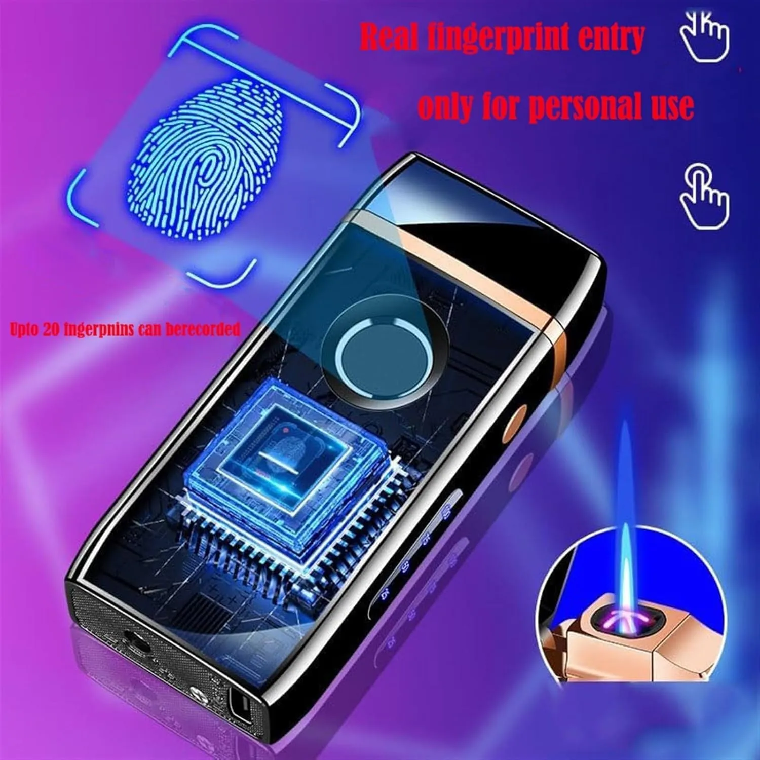 Dual-Fuel Torch Lighter - Windproof Butane & Electric Hybrid with Biometric Fingerprint Ignition & LED Power Display (Refillable Gas Tank, Outdoor Survival)(#3)