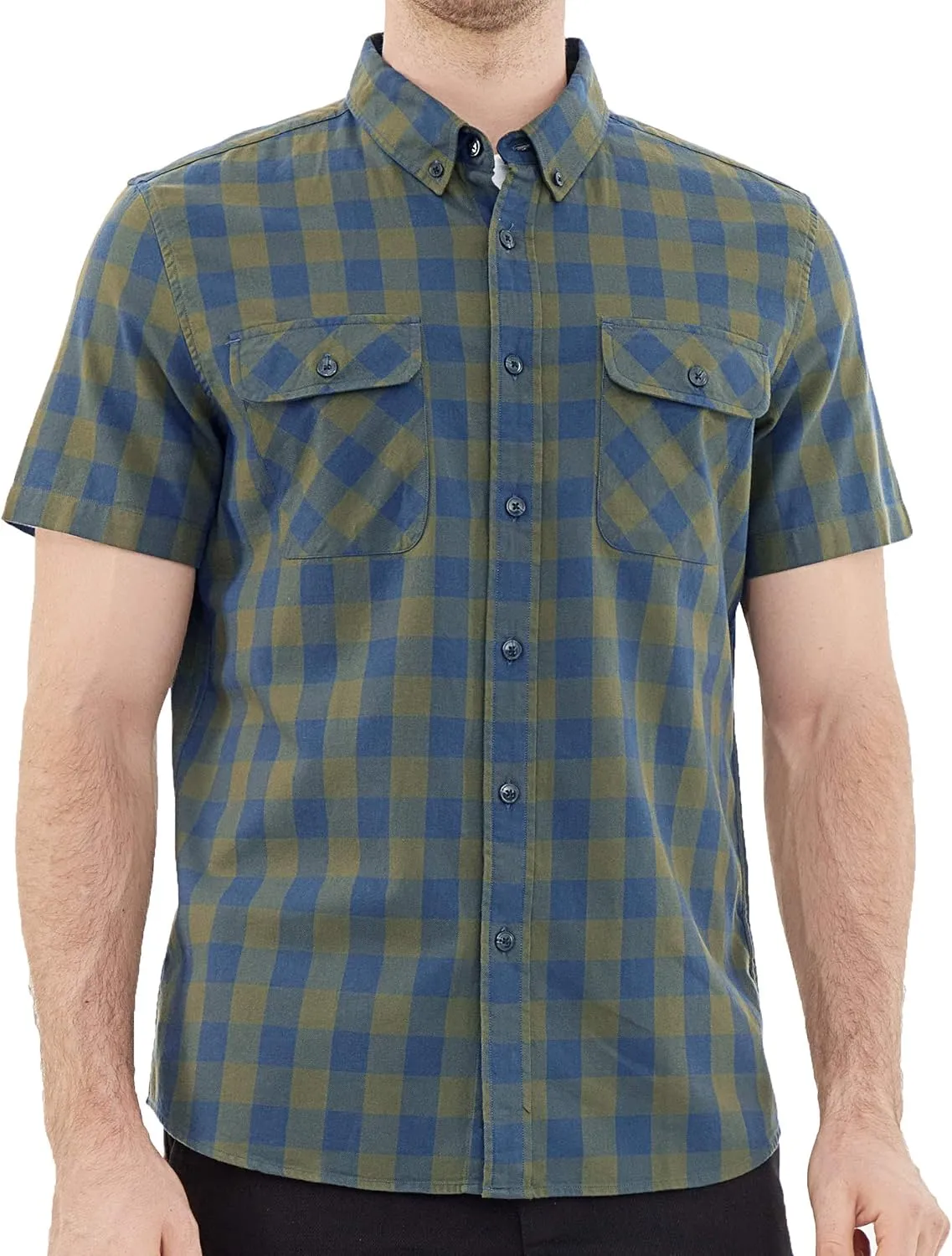 Dubinik® Mens Short Sleeve Button Down Shirts 100% Cotton Plaid Men's Casual Button-Down Shirts with Pocket