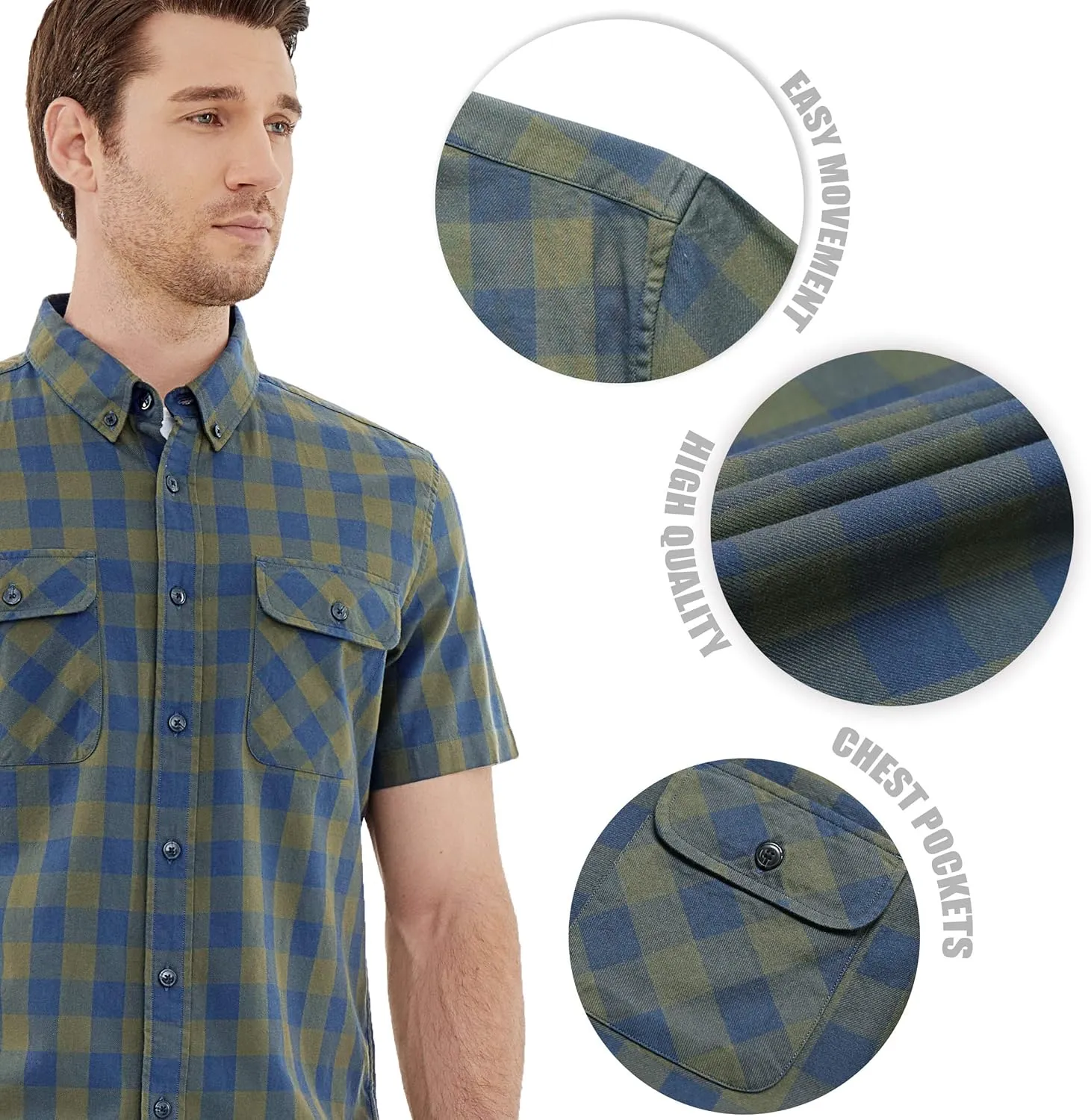 Dubinik® Mens Short Sleeve Button Down Shirts 100% Cotton Plaid Men's Casual Button-Down Shirts with Pocket