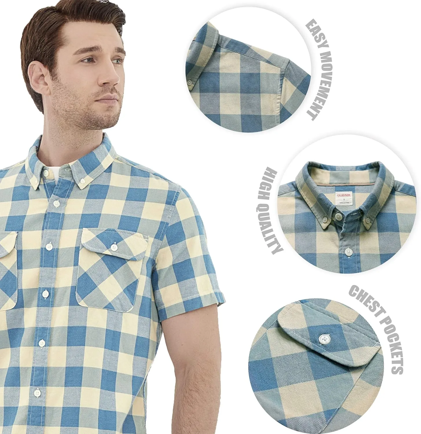 Dubinik® Mens Short Sleeve Button Down Shirts 100% Cotton Plaid Men's Casual Button-Down Shirts with Pocket