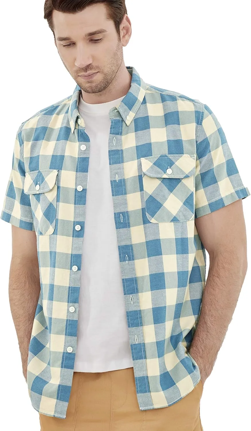 Dubinik® Mens Short Sleeve Button Down Shirts 100% Cotton Plaid Men's Casual Button-Down Shirts with Pocket