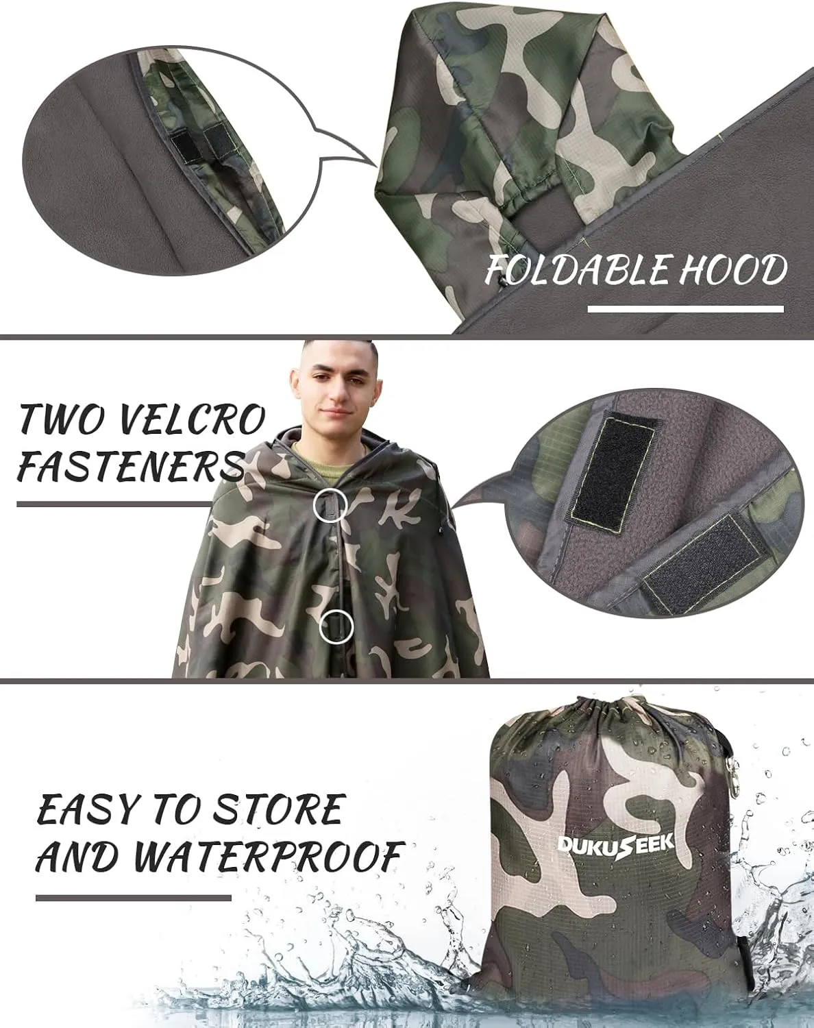 DUKUSEEK Hooded Stadium Blanket, Camouflage Waterproof Windproof Outdoor Fleece Blanket - Large (79x56), Portable, Wearable, Warm for Outdoor Hunting, Sporting Events…
