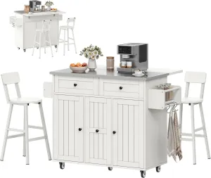 DWVO Kitchen Island with Seating, Mobile Kitchen Storage Island with Drop Leaf Countertop, Large Kitchen Island Table with Drawers, Cabinets, Bar Stools, Towel Rack and Spice Rack, White