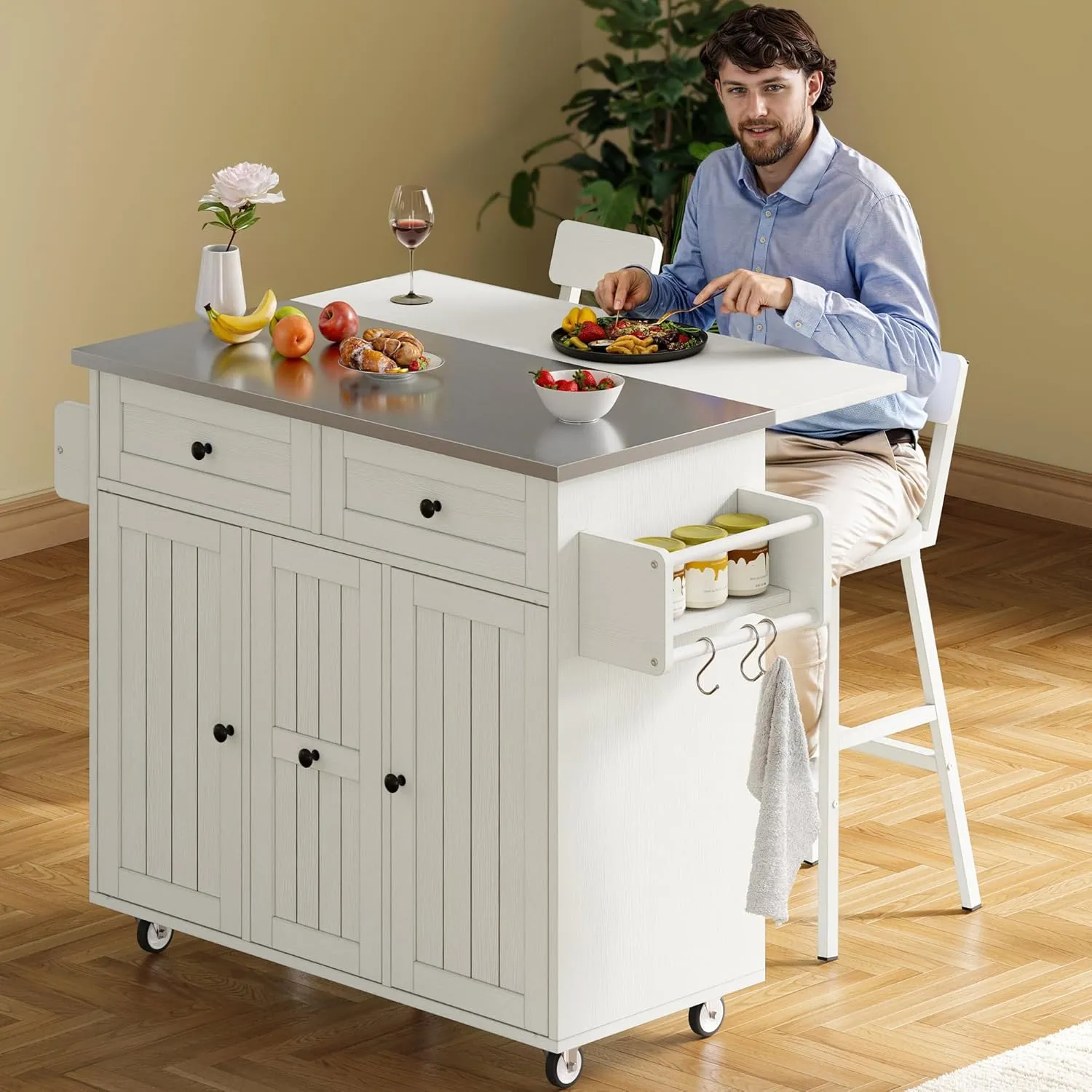 DWVO Kitchen Island with Seating, Mobile Kitchen Storage Island with Drop Leaf Countertop, Large Kitchen Island Table with Drawers, Cabinets, Bar Stools, Towel Rack and Spice Rack, White