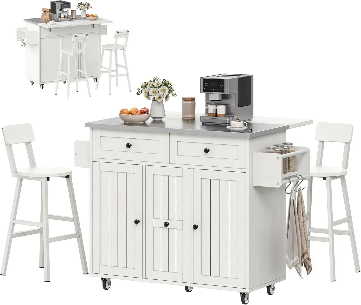 DWVO Kitchen Island with Seating, Mobile Kitchen Storage Island with Drop Leaf Countertop, Large Kitchen Island Table with Drawers, Cabinets, Bar Stools, Towel Rack and Spice Rack, White