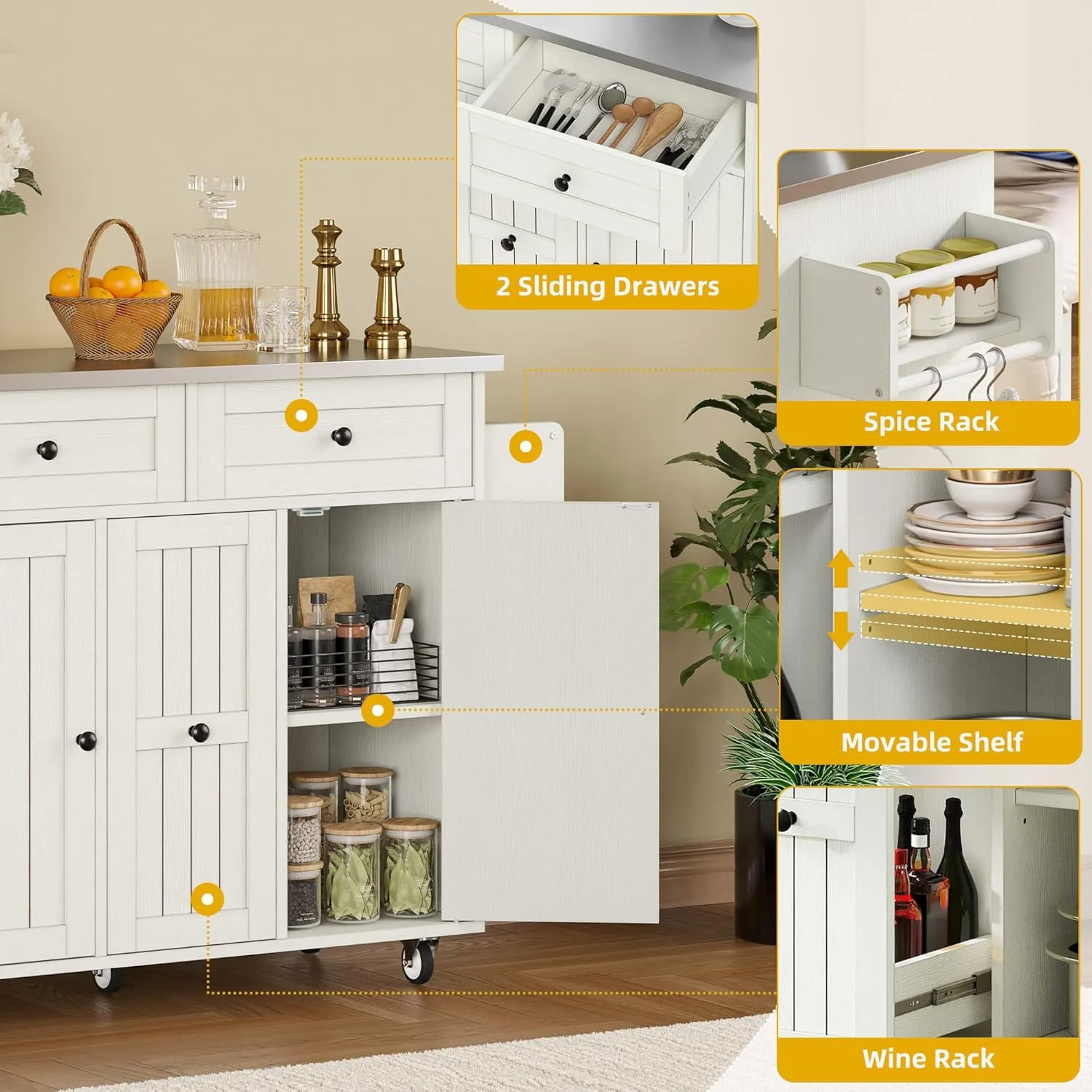 DWVO Kitchen Island with Seating, Mobile Kitchen Storage Island with Drop Leaf Countertop, Large Kitchen Island Table with Drawers, Cabinets, Bar Stools, Towel Rack and Spice Rack, White
